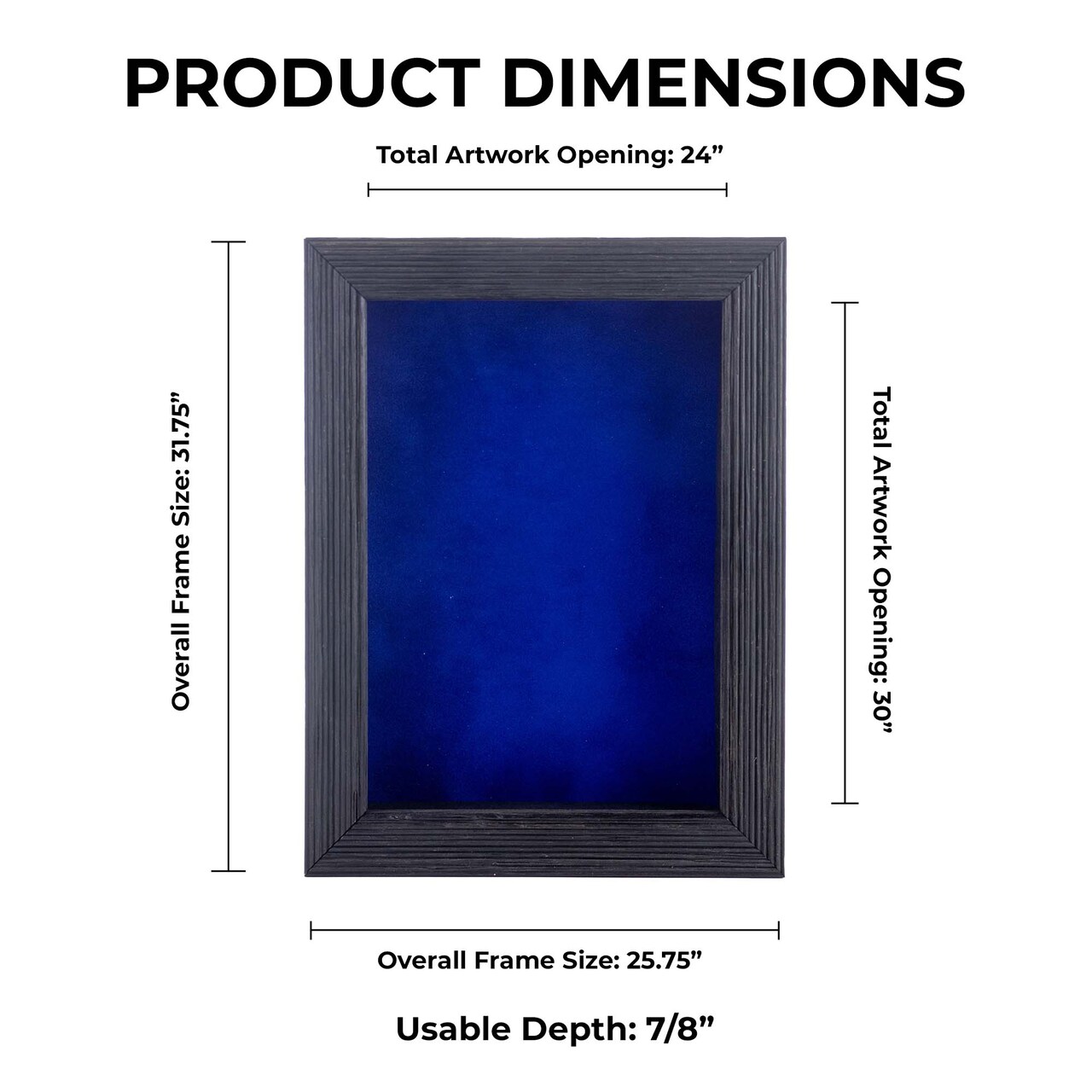 Rustic Black Wood Shadow Box Frame with Acrylic Front - Royal Blue Suede Backing, 30 Sizes
